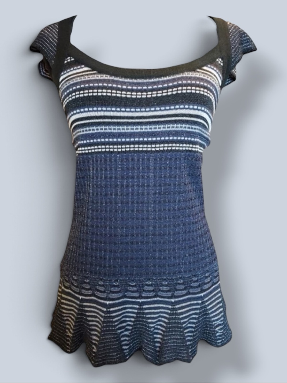Vintage BCBGirls Top Blue Black Stripe Metallic Knit Flare Hem Y2K Whimsigoth S